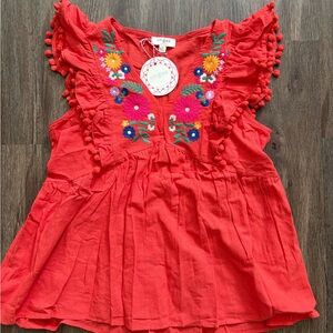 Umgee Red Top with Colorful Floral Embroidery Size Small
